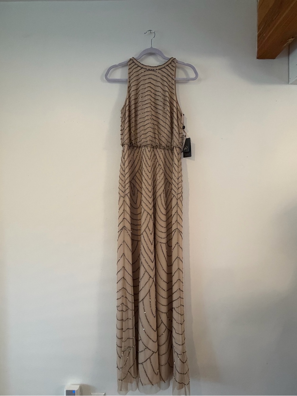 Adrianna Papell Champagne Beaded Maxi Dress